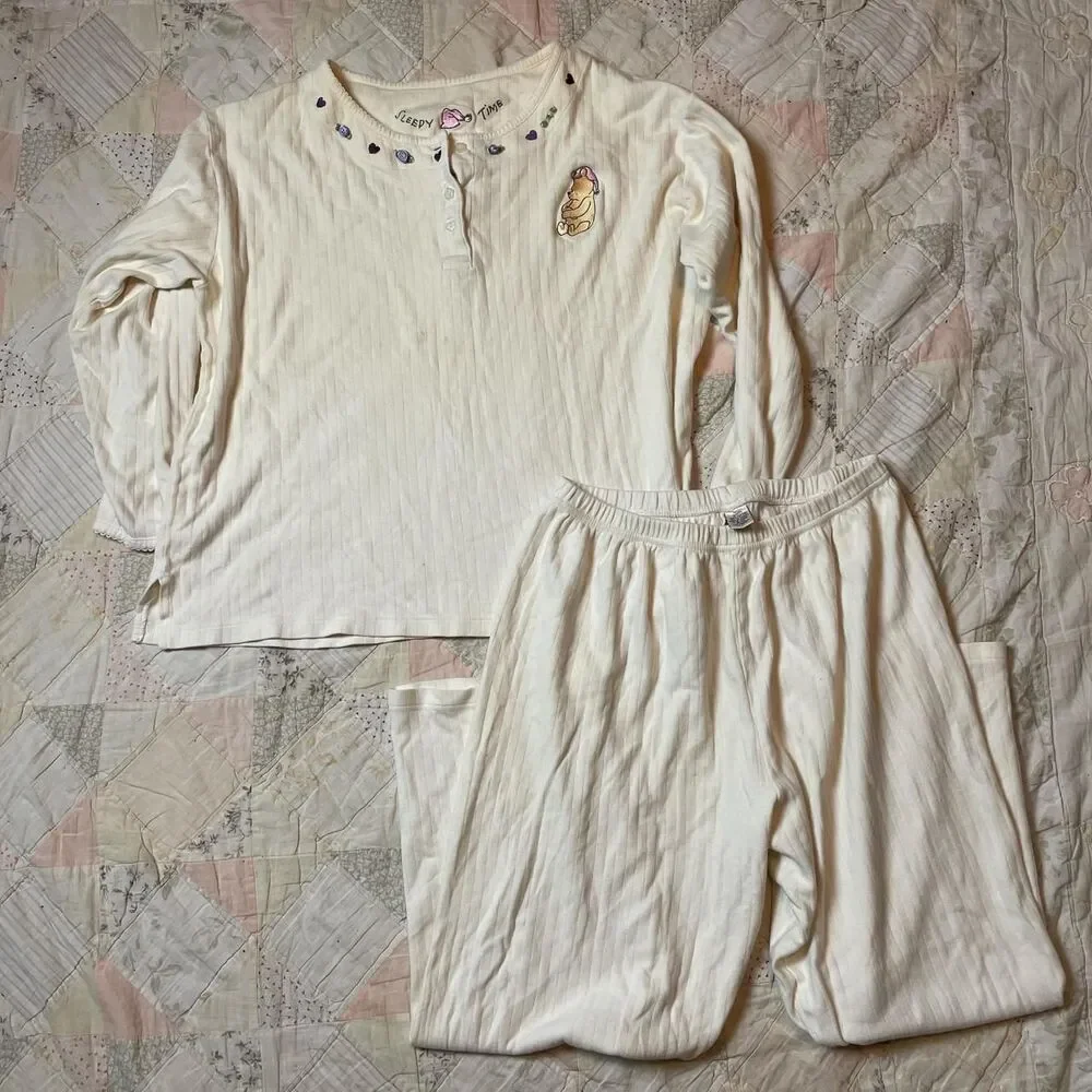 disney vintage 90s purple rosette embroidered cream winnie the pooh pajama set - Picture 2 of 8